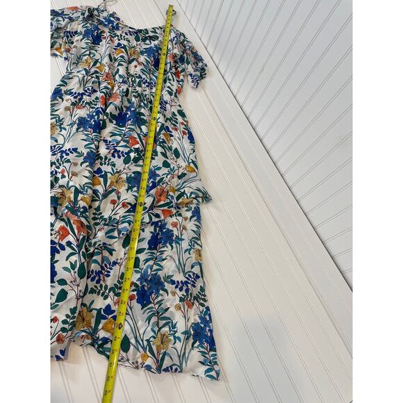 Parker Silk Cold Shoulder Floral Midi Dress Womens Size M Blue Asymmetrical - Picture 8 of 8